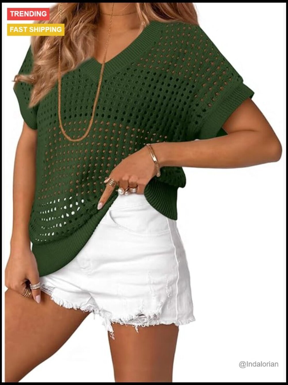 Womens V Neck Short Sleeve Crochet Knit Sweater Summer Cover Up Top